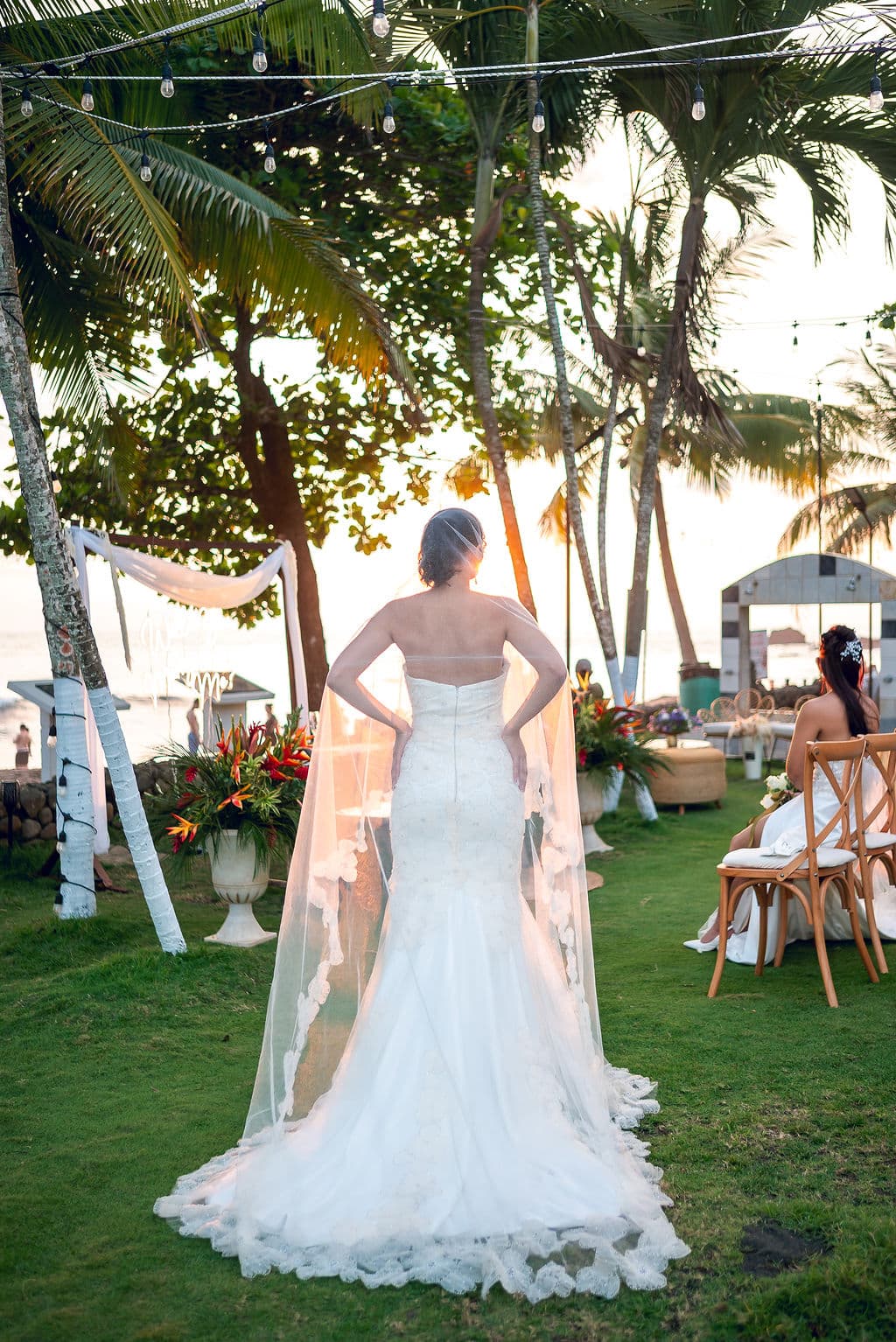 Golden-hour bride with string lights