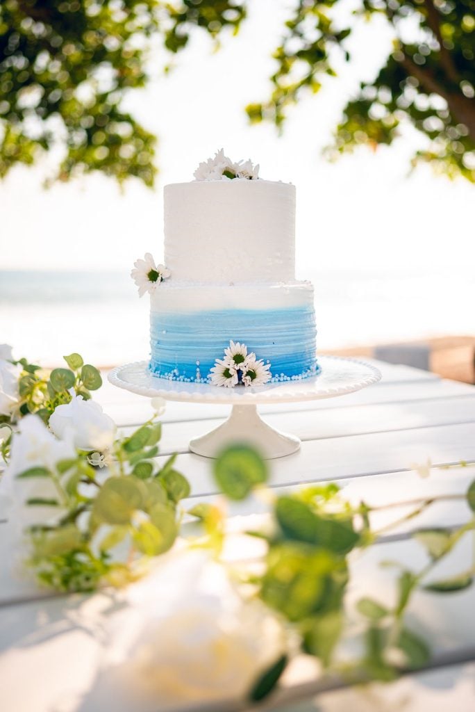 Pastel de boda de dos pisos decorado con flores blancas
