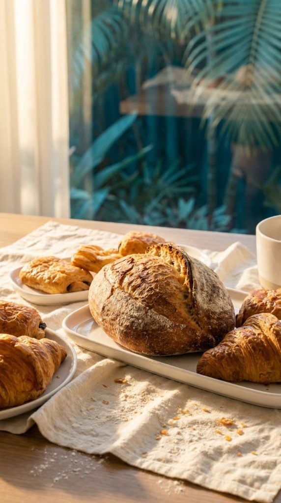 Freshly baked bread and pastries on white ceramic plates