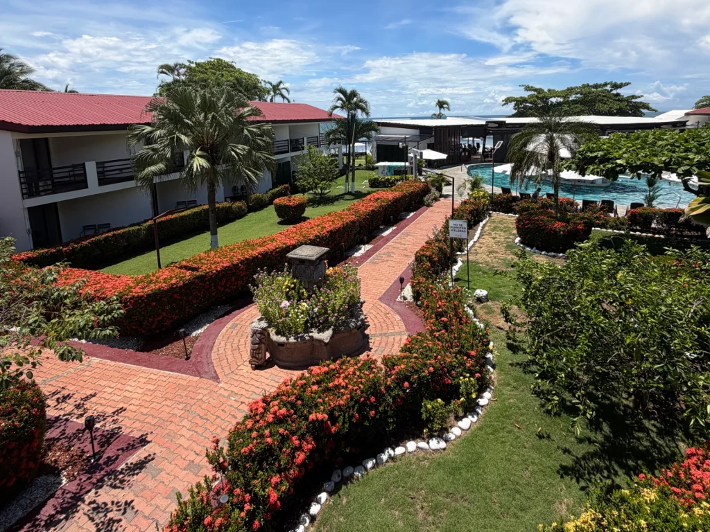 Jardines floridos, la piscina y el mar al fondo